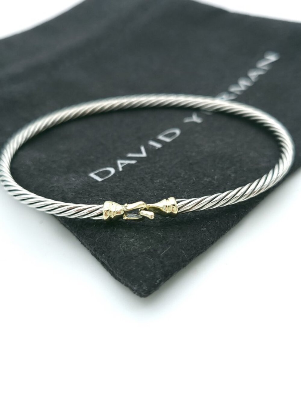David Yurman Sterling Silver & 18K Gold 3mm Cable Buckle Bangle Bracelet